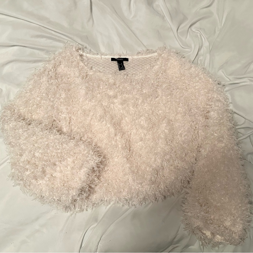 White Faux Feather Crop Long Sleeve - Woman Size M